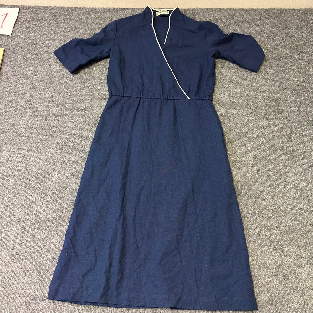 Carleen Steele Dress Womens Size M Navy Blue Wrap V-Neck Short Sleeve Midi